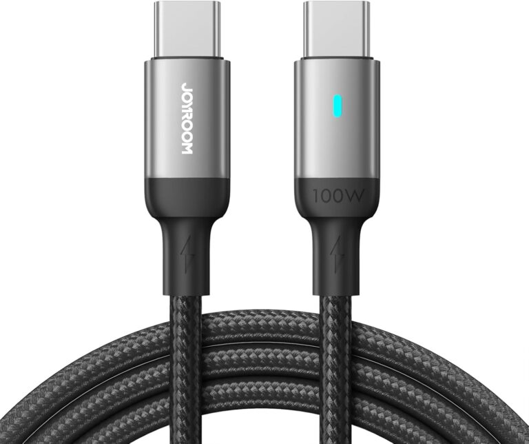 كابل شحن ونقل بيانات سريع 100 JR‑S‑CC100A10 من سلسلة اكسترا اورديناري من USB نوع C إلى USB نوع C، مغطى بالنايلون بطول 1.2 م، شحن بي دي عالي السرعة ومزامنة 480Mbps من جوي رووم، لون أسود