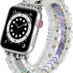 MOFREE Beaded Bracelet Compatible for Apple Watch Band 42mm/44mm/45mm Series 7/SE/6/5/4/3/2/1 Women Fashion Handmade Elastic Stretch Strap for iWatch Bands Replacement (Iridescence)