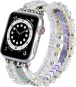 MOFREE Beaded Bracelet Compatible for Apple Watch Band 42mm/44mm/45mm Series 7/SE/6/5/4/3/2/1 Women Fashion Handmade Elastic Stretch Strap for iWatch Bands Replacement (Iridescence)
