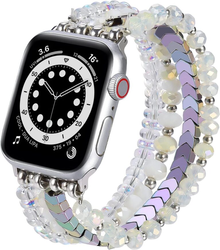 MOFREE Beaded Bracelet Compatible for Apple Watch Band 42mm/44mm/45mm Series 7/SE/6/5/4/3/2/1 Women Fashion Handmade Elastic Stretch Strap for iWatch Bands Replacement (Iridescence)