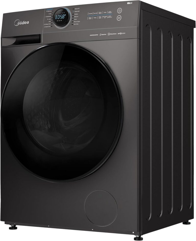 غسالة من ميديا موديل إم إف200W90B/تي تي بتحميل أمامي سعة 9 كيلوجرام باللون الفضي مع وظيفة البخار والتنظيف الأوتوماتيكي والغسيل السريع