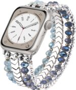 MOFREE Beaded Bracelet Compatible for Apple Watch Band 45mm/44mm/42mm Series 8/7/SE/6/5/4/3/2/1/Ultra Women Fashion Handmade Elastic Stretch Strap for iWatch Bands Replacement Blue