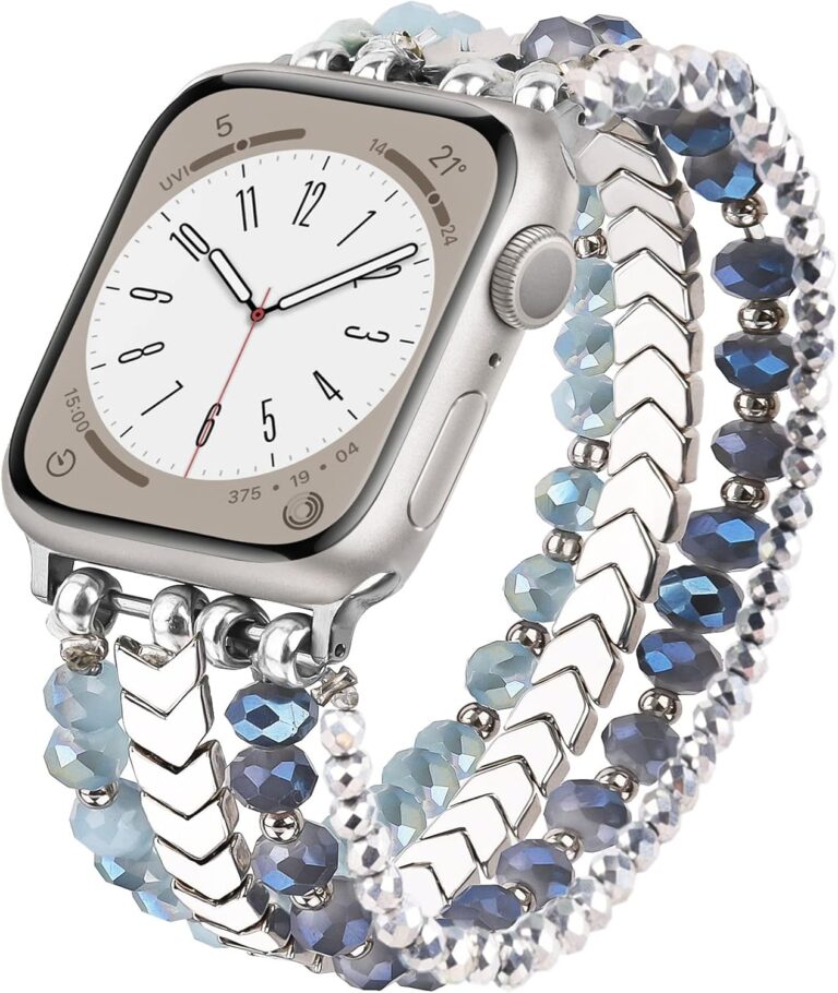 MOFREE Beaded Bracelet Compatible for Apple Watch Band 45mm/44mm/42mm Series 8/7/SE/6/5/4/3/2/1/Ultra Women Fashion Handmade Elastic Stretch Strap for iWatch Bands Replacement Blue