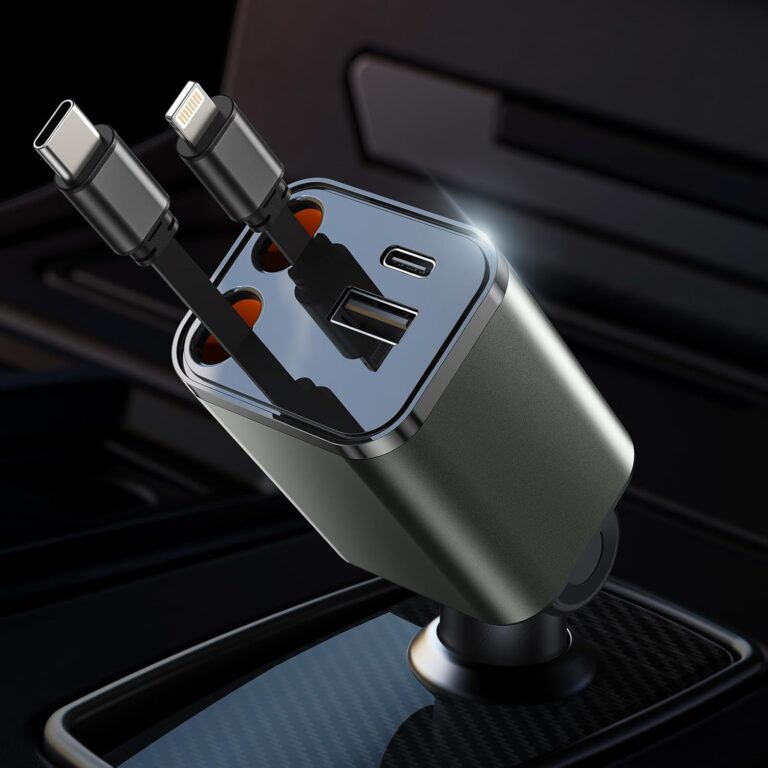 [2025 مدمج] شاحن سيارة قابل للسحب 4 في 1 87 وات، PD3.0 QC4.0 شاحن للسيارة سريع USB C/إضاءة قابلة للسحب مع أسلاك مزدوجة، ولاعة سجائر صغيرة متعددة لـ 16 15 14 13 باد وسامسونج واندرويد