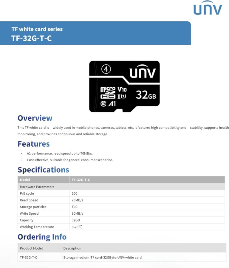 بطاقة ذاكرة / كارت ميموري سعة 32 جيجابايت UNV MicroSD TF A1 للاستخدام المستمر 24/7 بأداء ثابت وموثوق – مناسب للهواتف الذكية وكاميرات المراقبة – موديل TF-32G-T-C