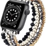 MOFREE Beaded Bracelet Compatible for Apple Watch Band 40mm/38mm/41mm Series 8/7/SE/6/5/4/3/2/1 Women Fashion Handmade Elastic Stretch Strap for iWatch Bands Replacement Black/Gray/Gold