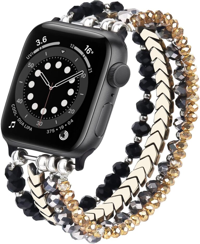 MOFREE Beaded Bracelet Compatible for Apple Watch Band 40mm/38mm/41mm Series 8/7/SE/6/5/4/3/2/1 Women Fashion Handmade Elastic Stretch Strap for iWatch Bands Replacement Black/Gray/Gold