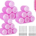 Romon 31 Piece Hair Curlers Set, 18 Heated Heatless Curling Hair Rollers with 3 Sizes 40/30/20 mm with 12 Hair Clips and 1 Comb for All Short, Medium or Long Hair (Pink)