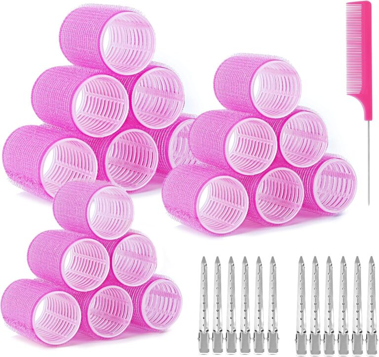 Romon 31 Piece Hair Curlers Set, 18 Heated Heatless Curling Hair Rollers with 3 Sizes 40/30/20 mm with 12 Hair Clips and 1 Comb for All Short, Medium or Long Hair (Pink)