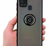 جراب موبايل غير لامع من البولي كربونات والبولي يوريثين الحراري متوافق مع سامسونج جالاكسي M31 / M21 / F41 / M30s، حامل حلقي 360 درجة، ازرق وابيض، مسند مع مسند (اسود مع ازرار حمراء)