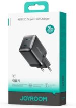 ⁦شاحن JR-TCG17 بمنفذين (2 USB نوع سي) بقدرة 45 وات، معيار الاتحاد الأوروبي، شحن سريع وتصميم مضغوط، ميزات السلامة من جوي رووم، أسود⁩ - الصورة ⁦3⁩