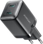 شاحن JR-TCG17 بمنفذين (2 USB نوع سي) بقدرة 45 وات، معيار الاتحاد الأوروبي، شحن سريع وتصميم مضغوط، ميزات السلامة من جوي رووم، أسود