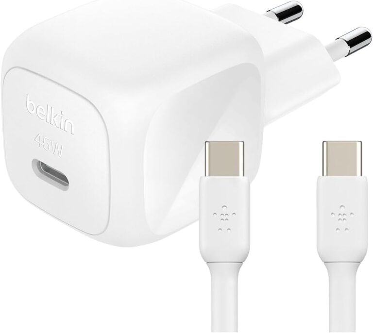 شاحن حائط سريع صغير بقدرة 45 وات مع كابل USB نوع C إلى USB نوع C، متوافق مع موبايل آبل آيفون 16 و15 و14 وبلس وبرو وبرو ماكس وسلسلة سامسونج جالاكسي S25 وبيكسل 9 واي باد وايربودز من بلكين، لون أبيض