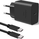 شاحن USB نوع C بقدرة 45 وات بتقنية الشحن السريع 2.0 متوافق مع أجهزة سامسونج جالاكسي (S23، S23 الترا، S22، نوت 20 الترا وغيرها)، بتقنية PPS وPD 3.0، يأتي مع كابل شحن نوع C بقدرة 5 أمبير وطول 2 متر
