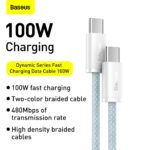 ⁦New Baseus 100W Cable | PD3.0 QC4.0 | 20V/5A | 2 Meter | Super Fast Charging Type-C to Type C | Braided USB C | 480Mbps Data Transfer | for Mobiles Tablets iPad iPhone Galaxy all Devices (Sky)⁩ - الصورة ⁦2⁩