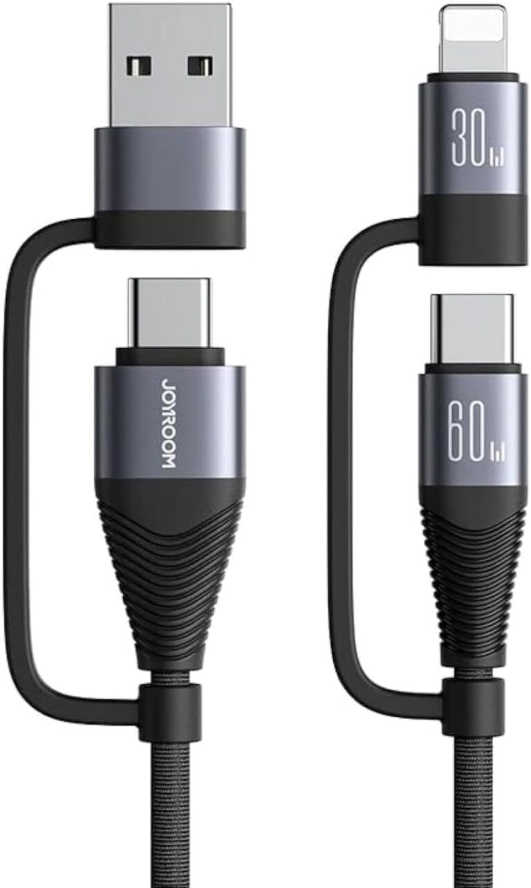 كابل متعدد الوظائف لنقل البيانات والشحن السريع 4 في 1 سلسلة SA37-2T2 بمنفذ USB نوع A ونوع C إلى لايتنينج ونوع C، قدرة 60 وات وطول 1.2 م، أسود من جوي رووم
