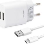 شاحن USB بمنفذين 12 واط وكابل شحن USB A إلى نوع C (1 متر)، شاحن سريع، مزود طاقة، شاحن سفر، محول طاقة، واسع التوافق من ليف