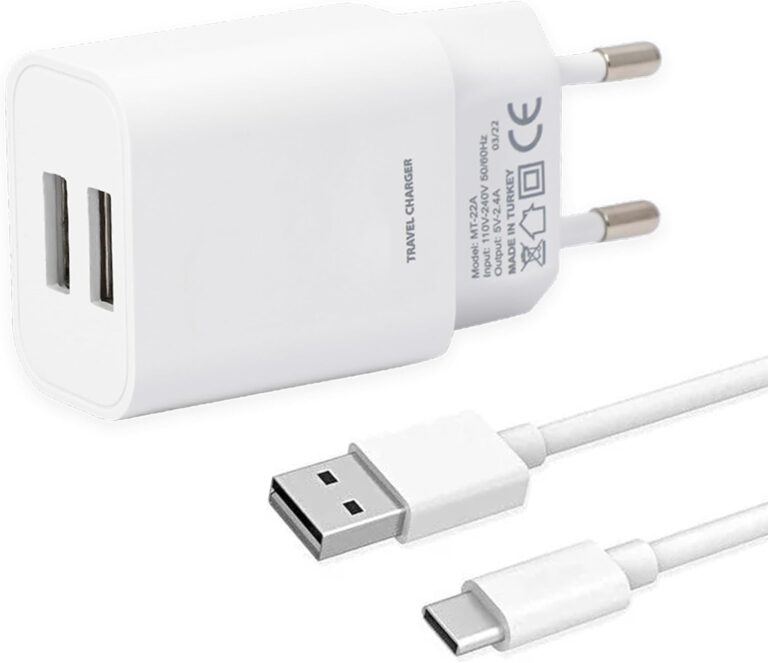 شاحن USB بمنفذين 12 واط وكابل شحن USB A إلى نوع C (1 متر)، شاحن سريع، مزود طاقة، شاحن سفر، محول طاقة، واسع التوافق من ليف