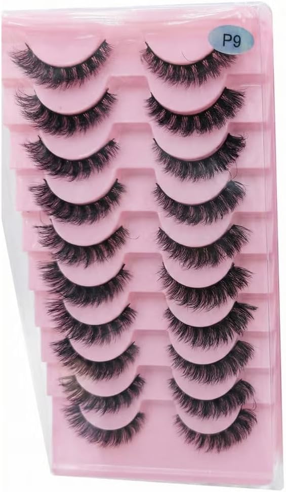Product Title (189 Characters): 10 Pairs 3D Faux Mink Eyelashes Pack | Style P9 Wispy Dramatic False Lashes | Long Voluminous Natural Look Cross Lashes | Soft Flexible Band Reusable Makeup Lashes (10