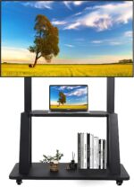 حامل تلفزيون متحرك من مايبرو، حامل أرضي دوار للشاشات المسطحة، شاشة عرض LCD/ال اي دي/او ال اي دي 32-70 بوصة، لوح ذكي قابل للتحريك يتحمل حتى 100 رطل مع رف عجلات قابلة للقفل وارتفاع قابل للتعديل متين