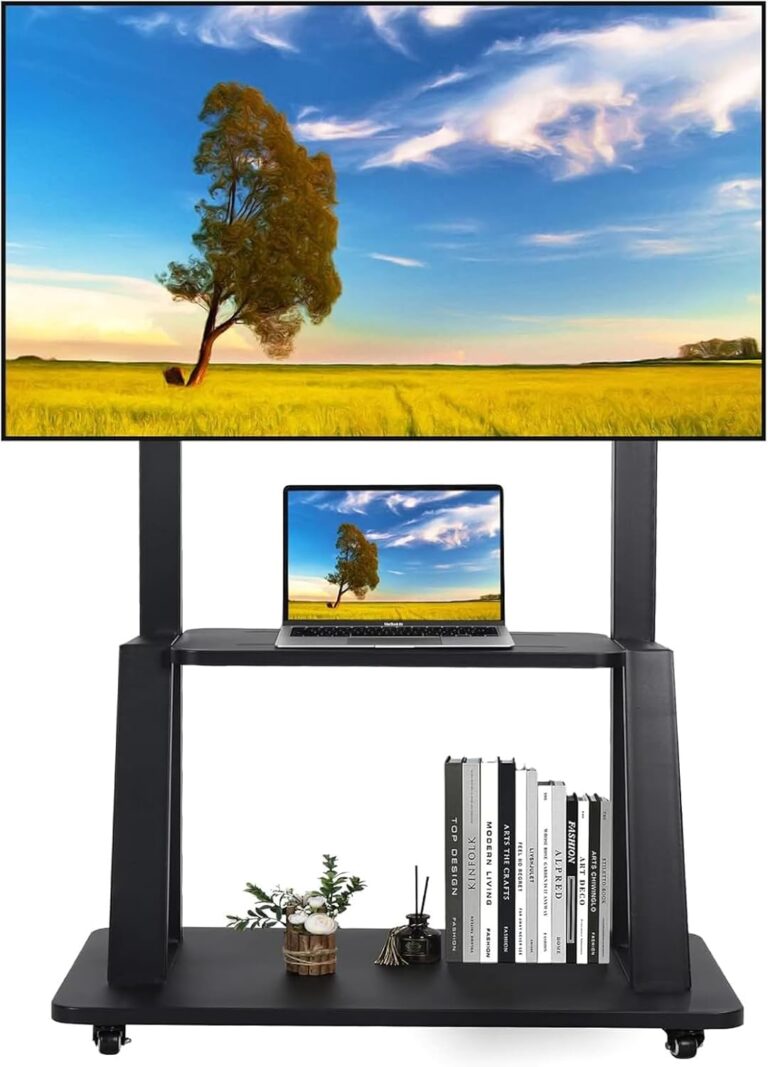 حامل تلفزيون متحرك من مايبرو، حامل أرضي دوار للشاشات المسطحة، شاشة عرض LCD/ال اي دي/او ال اي دي 32-70 بوصة، لوح ذكي قابل للتحريك يتحمل حتى 100 رطل مع رف عجلات قابلة للقفل وارتفاع قابل للتعديل متين