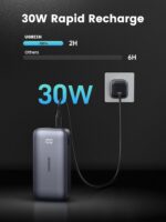 ⁦يوجرين باور بانك 30 واط 10000mAh، شاحن محمول USB C سريع الشحن مع كيبل 0.5 متر 60 واط، شاشة رقمية، بطارية خارجية محمولة متوافقة مع جالكسي S24 S23، ايفون 15 14، ايباد، ال جي، اسود⁩ - الصورة ⁦3⁩