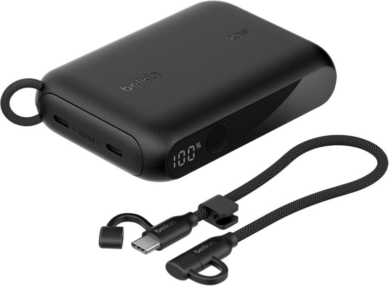 شاحن باور بانك 10000 مللي أمبير في الساعة من بيلكن، شاحن محمول رفيع مزود بمنفذي USB-C، مع عرض رقمي للبطارية، شحن 20 واط لآيفون سلسلة 16 و15 وسامسونج جالاكسي S25 وS24 وبكسل 9 واي باد وغيرها، أسود