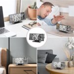 ⁦ساعة منبه رقمية مع جهاز عرض دوار 180 درجة، شاشة مراية، شحن USB وغفوة - ساعة مكتب لغرفة النوم (ساعة منبه رقمية بشاشة عاكسة وبروجكتور دوار 180 درجة) (لون النص: لون عشوائي)⁩ - الصورة ⁦6⁩