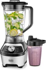 ⁦خلاط عالي السرعة بمحرك 1200W، برطمان 1.85L خالي من بيسفينول أ وكوب سفر 500ml، 20000 RPM و6 شفرات فولاذ مقاوم للصدأ، إعدادات مسبقة لعصائر وسحق ثلج، سرعة متغيرة، أسود/فضي - BXH1200-B5 من بلاك اند ديكر⁩ - الصورة ⁦2⁩
