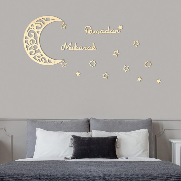 ديكور حائط خشبي بتصميم هلال ونجوم لديكور رمضان والعيد مع عبارة «Ramadan Mubarak» من ياليكوب، 15 قطعة، ديكور منزلي للوازم حفلات رمضان (تصميم خشبي)