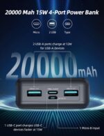 ⁦شاحن باور بانك 15 وات بتوصيل طاقة 20000 ميلي امبير في الساعة من راف باور، بايونير 4 منافذ، أسود، موديل RP-PB1216⁩ - الصورة ⁦4⁩