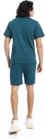 ⁦Red Circle Mens Teal Blue Turn Down Collar Zipped T-Shirt And Shorts Set T-Shirt and Shorts Set⁩ - الصورة ⁦3⁩
