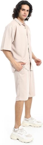 ⁦Red Circle Mens Regular Fit Pique Beige Shirt And Shorts Set Regular Fit Pique Beige Shirt and Shorts Set⁩ - الصورة ⁦2⁩