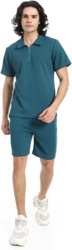Red Circle Mens Teal Blue Turn Down Collar Zipped T-Shirt And Shorts Set T-Shirt and Shorts Set