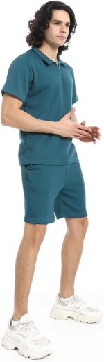 ⁦Red Circle Mens Teal Blue Turn Down Collar Zipped T-Shirt And Shorts Set T-Shirt and Shorts Set⁩ - الصورة ⁦2⁩