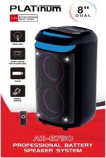 بلاتينيوم AH-8750 - مكبر صوت بلوتوث متنقل مع مكبري صوت مزدوجين مقاس 8 بوصات، وإضاءة LED، وميكروفون سلكي - 60 واط RMS