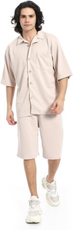 Red Circle Mens Regular Fit Pique Beige Shirt And Shorts Set Regular Fit Pique Beige Shirt and Shorts Set