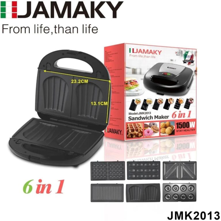 محضر ساندوتش متعدد الاستخدامات من جاماكي موديل JMK2013، مطلي بطبقة غير قابلة للالتصاق، باللون الهيرنفي، بقوة 1500 واط، مع طلاء غير لاصق للطهي السهل