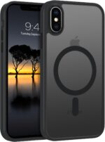 جراب حماية لموبايل آيفون XS ماكس من جاوباو متوافق مع ماج سيف، جراب مغناطيسي هجين شفاف غير لامع لحماية الكاميرا من الخلف مضاد للصدمات والخدوش لموبايل آيفون XS ماكس 6.5 بوصة، أسود