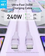 ⁦انكر كيبل نانو USB C، سلك مضفر مرن متعدد الالوان 240 واط، شاحن سريع من النوع C لايفون 17 سيريز وماك بوك برو والمزيد (ارجواني، 3 قدم)⁩ - الصورة ⁦6⁩
