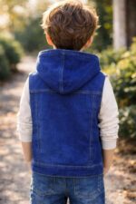 ⁦سترة جينز بقبعة للأولاد، بأزرار، بدون أكمام، لون أزرق، بجيوب⁩ - الصورة ⁦5⁩
