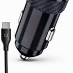 Fast High Power Dual Port Car Charger, ST-35E Turbo Fast Car Adapter with Type-C Cable, 12X Super Charge, Safe Charging Technology for Smartphones and Tablets