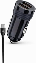 Fast High Power Dual Port Car Charger, ST-35E Turbo Fast Car Adapter with Type-C Cable, 12X Super Charge, Safe Charging Technology for Smartphones and Tablets