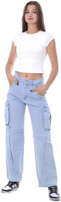 31kGt-Z3jL._AC_.jpg Mamilly jeans بنطلون كارجو هاي ويست جينز بجيب من الجنب نسائي OB-653-Parent