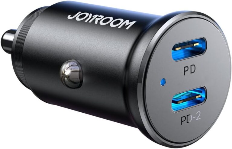 شاحن من جويروم بمنفذ USB متوافق مع هواتف USB-C و لايتنينغ بمنفذين بقدرة 30 واط مع شحن سريع و حماية متعددة و تصميم مدمج