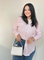 شيميز أو بلوزه كتان مخطط بمقاس فضفاض للنساء - الصورة 4