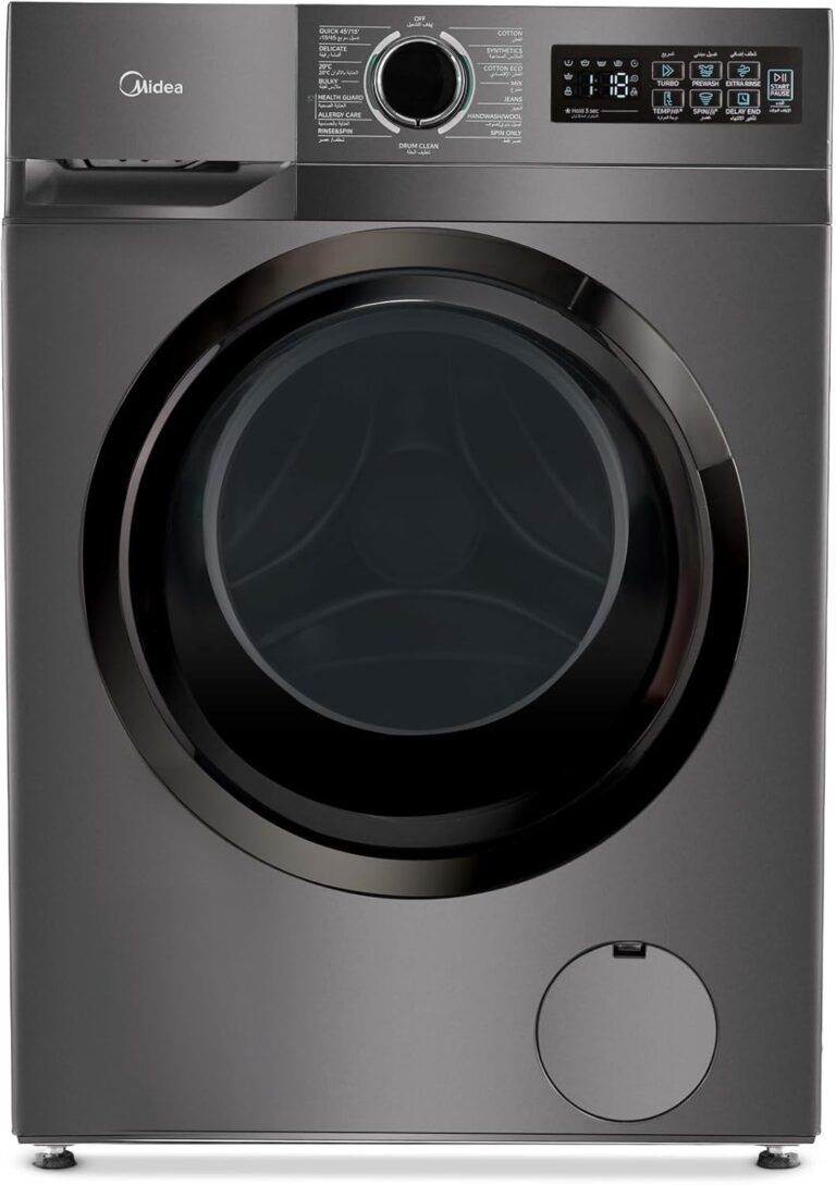 غسالة تحميل أمامي ميديا MF110W80B/TT بتقنية انفرتر وميزة التنظيف بالبخار بتصميم رفيع، حوض غسيل كبير 51 سم، تقنية تربو ووش، خلط قوي، نظام حماية صحية وتنظيف الحوض إضافة ملابس، 8 كجم، لون رمادي تيتانيوم