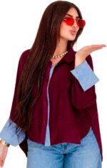 ⁦قميص (شميز) كاجوال حريمي كتان بأكمام طويلة مقلمة وقصة واسعة مريحة - نبيتي⁩ - الصورة ⁦2⁩