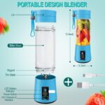 ⁦كوب خلاط محمول زجاجات شخصية صغير لعصائر السموذي قابل لاعادة الشحن بمنفذ USB للمطبخ والمخفوقات والعصائر وعصير الفاكهة تصميم للسفر وصالة الالعاب الرياضية والمكتب أزرق 2000 واط من وينود⁩ - الصورة ⁦3⁩