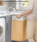 سبت غسيل من البامبو قابل للطي مع غطاء، سلة تخزين للملابس المتسخة من البامبو، سبت غسيل بمقابض حبل وبطانة قابلة للإزالة، مناسب لغرفة الغسيل وغرفة النوم من مايليندي، مقاس 60 × 40 × 30 سم - الصورة 5
